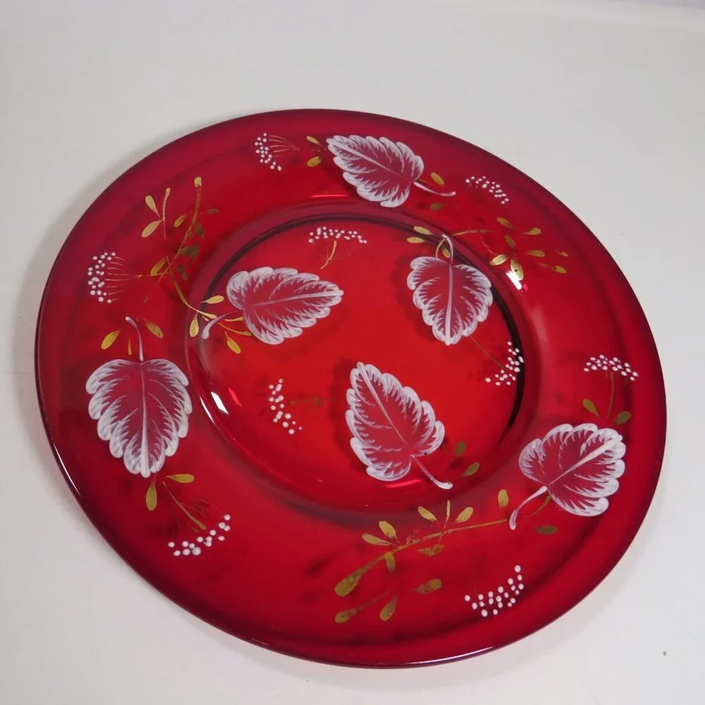 Ruby Red Thick Glass Plate with White Leaves & Gold Accents